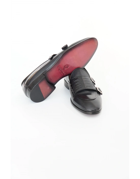 Hakiki Dana Derisi Siyah Tokalı Loafer El Yapımı Ayakkabı