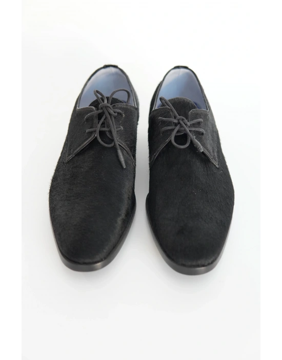 Hakiki Tay Tüyü Siyah El Yapımı Ayakkabı
