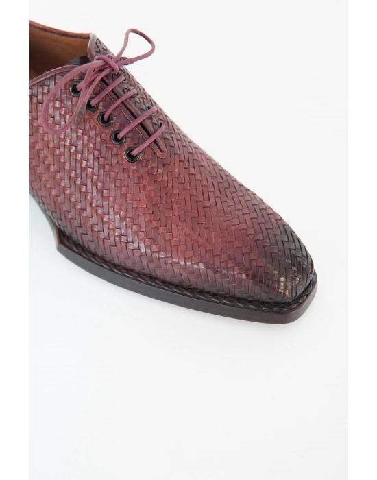 Hakiki Dana Derisi Bordo Siyah Örme El Yapımı Ayakkabı