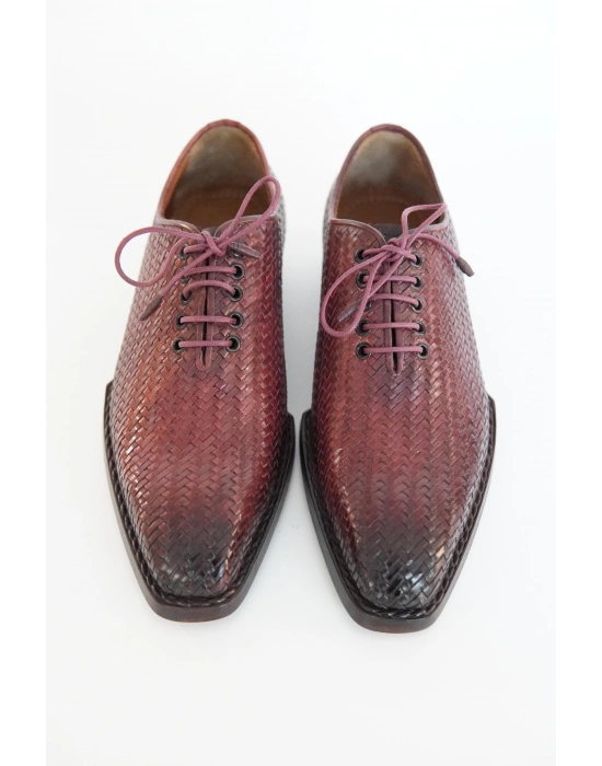 Hakiki Dana Derisi Bordo Siyah Örme El Yapımı Ayakkabı