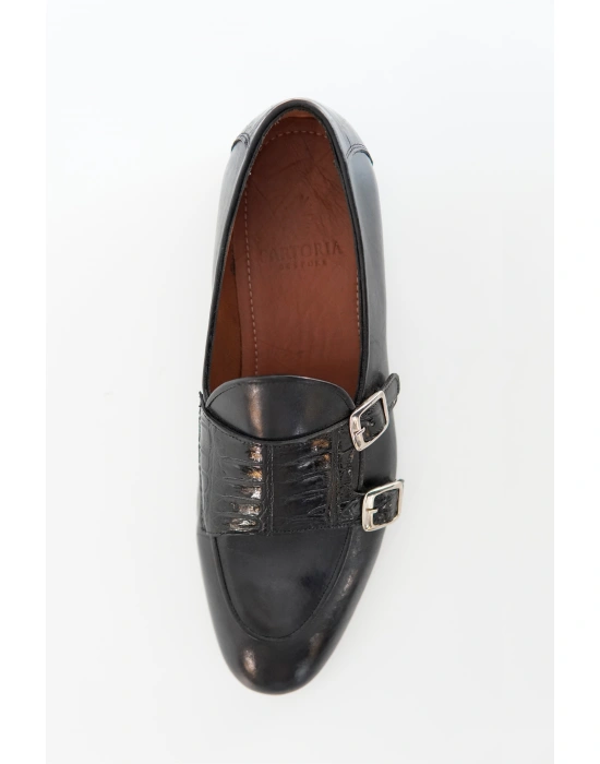 Hakiki Dana Derisi Siyah Tokalı Loafer El Yapımı Ayakkabı