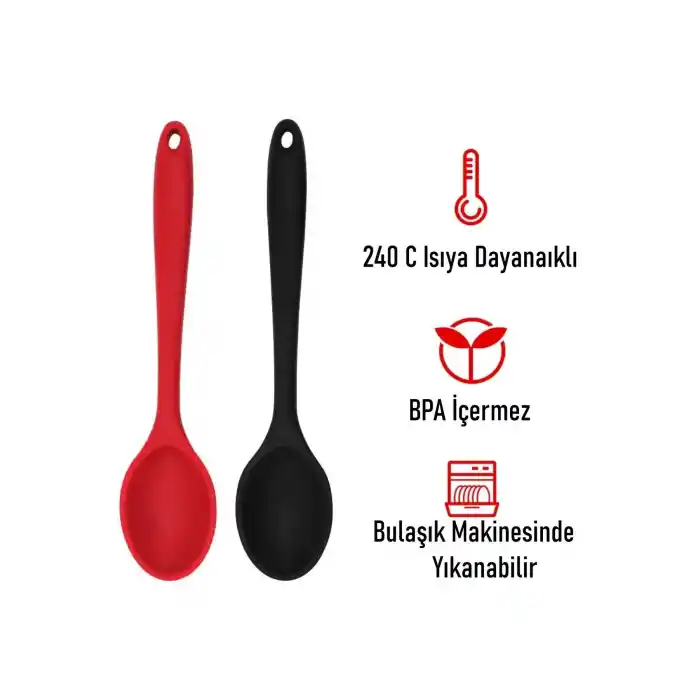 2 Li Silikon Uzun Karıştırma Kaşığı Seti Kırmızı & Siyah