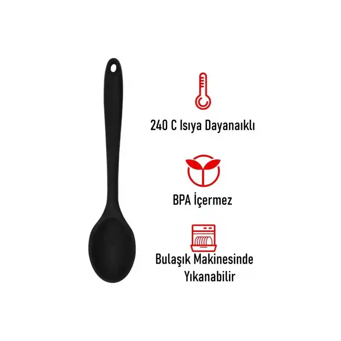 Burcummm 3 Lü Silikon Uzun Karıştırma Kaşığı Seti Siyah