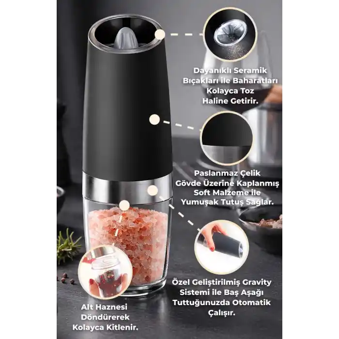 Gravity Paslanmaz Çelik Otomatik Tuz & Karabiber Öğütücü Pilli - Siyah