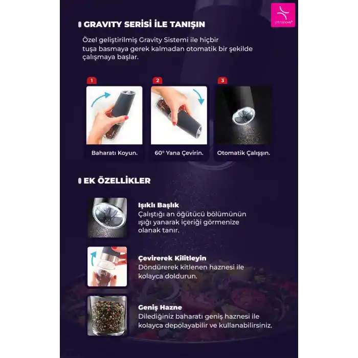 Gravity Paslanmaz Çelik Otomatik Tuz & Karabiber Öğütücü Pilli - Siyah