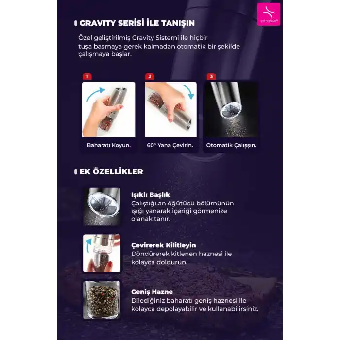 Gravity Paslanmaz Çelik Otomatik Tuz & Karabiber Öğütücü Pilli - Metalik