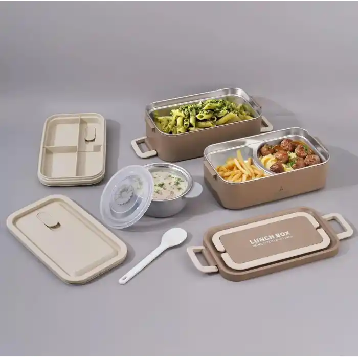 Bento Lunch Box Bej 2000 Ml. Sosluklu