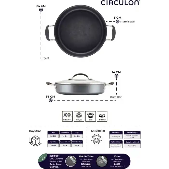 Circulon 24 * 8 cm Kapaklı Sığ Tencere