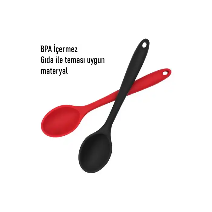 2 Li Silikon Uzun Karıştırma Kaşığı Seti Kırmızı & Siyah