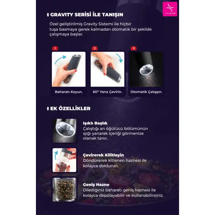 Gravity Paslanmaz Çelik Otomatik Tuz & Karabiber Öğütücü Pilli - Siyah