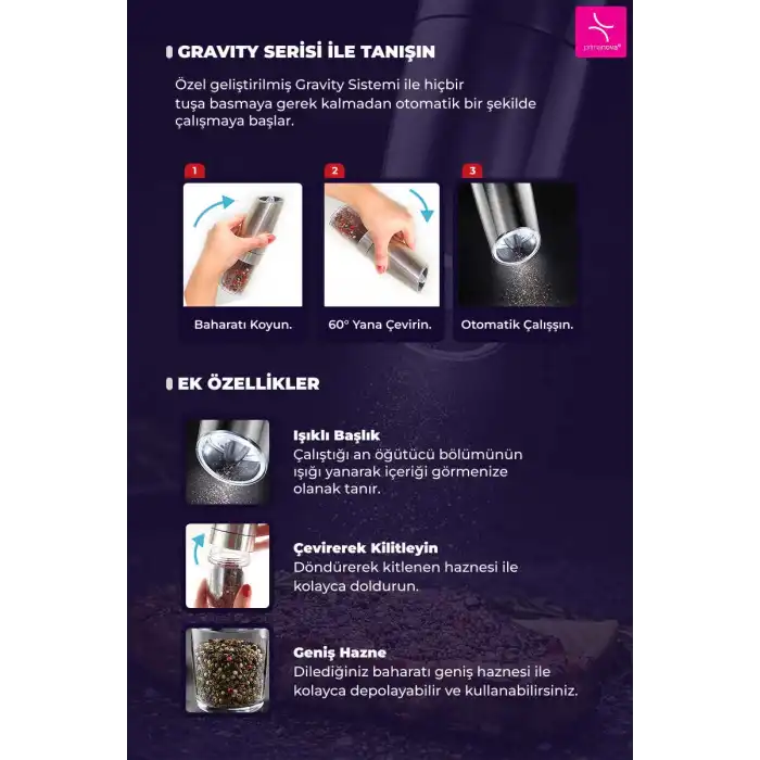 Gravity Paslanmaz Çelik Otomatik Tuz & Karabiber Öğütücü Pilli - Metalik
