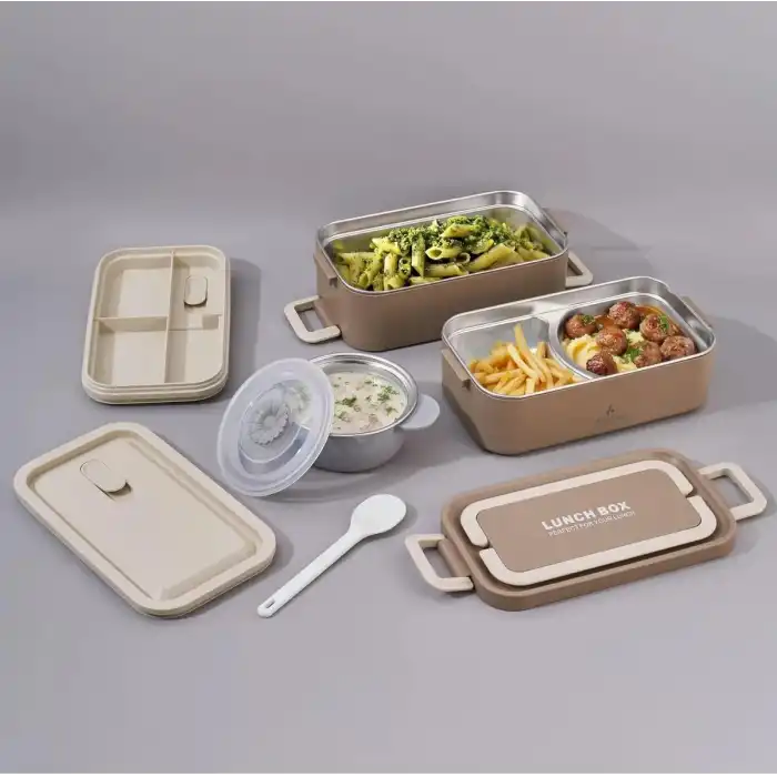 Bento Lunch Box Bej 2000 Ml. Sosluklu