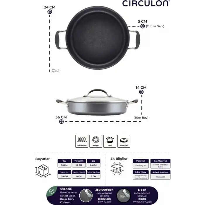 Circulon 24 * 8 cm Kapaklı Sığ Tencere