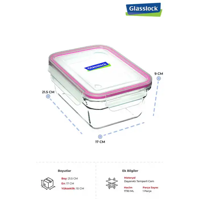 Dikdörtgen Cam Saklama Kabı 1730 Ml