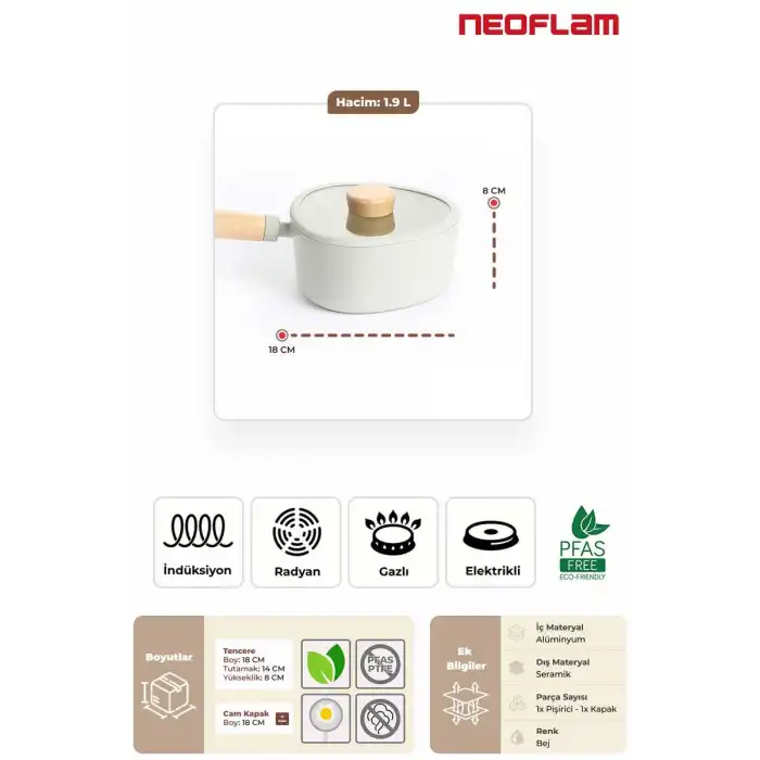 Fika Apex Seramik Kaplama İndüksiyonlu Sos Tenceresi 18 CM - Bej