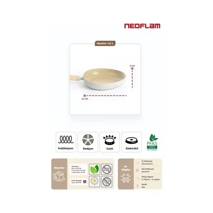 Fika Apex Seramik Kaplama Indüksiyonlu Tava 24 cm - Bej