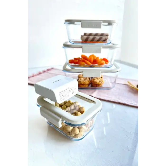 Fika Glace Vakumlu Cam Saklama Kabı Bej 5 Parça Set