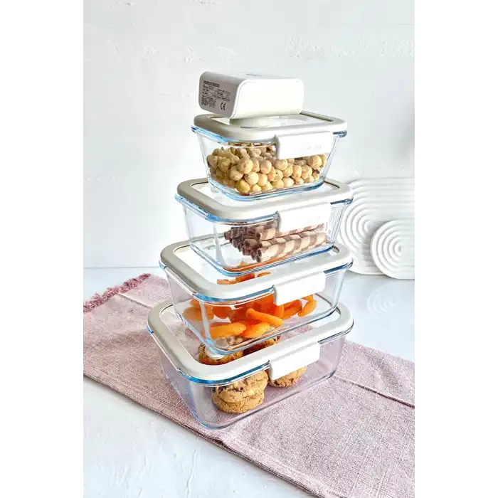 Fika Glace Vakumlu Cam Saklama Kabı Bej 5 Parça Set