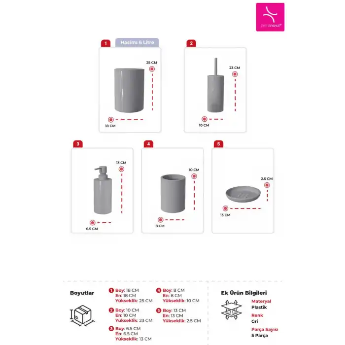 Flores 5 Parça Banyo Seti Gri