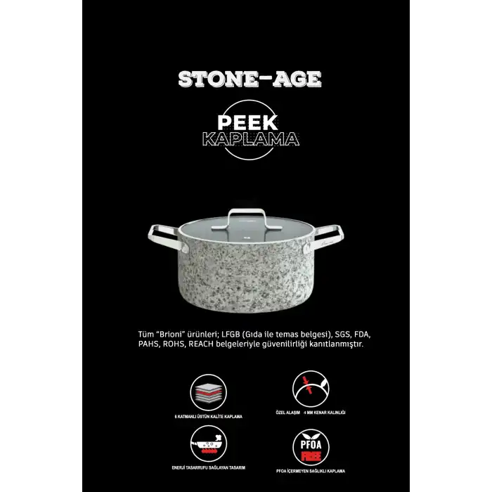 Stone-Age Çizilmez Yanmaz Yapışmaz 26 Basık Tencere - 26 Tava Seti 3 Parça