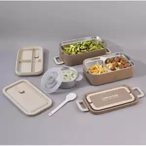 Bento Lunch Box Bej 2000 Ml. Sosluklu