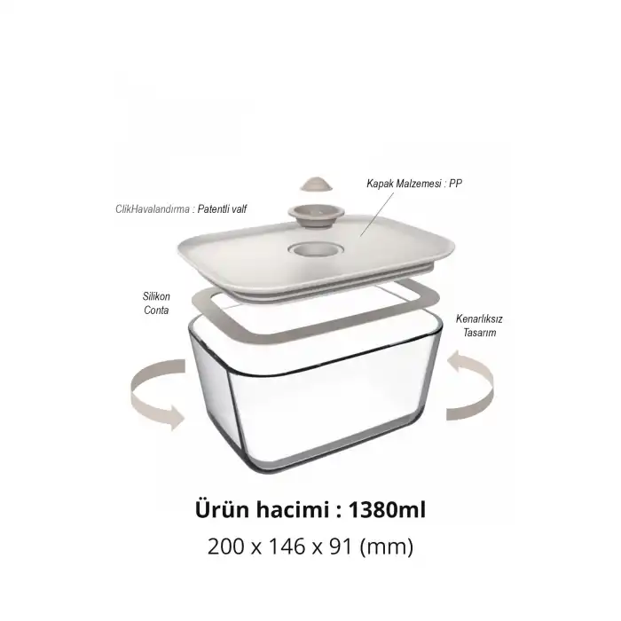 Fika Clik Dikdörtgen Saklama Kabı 1380 ml. Bej