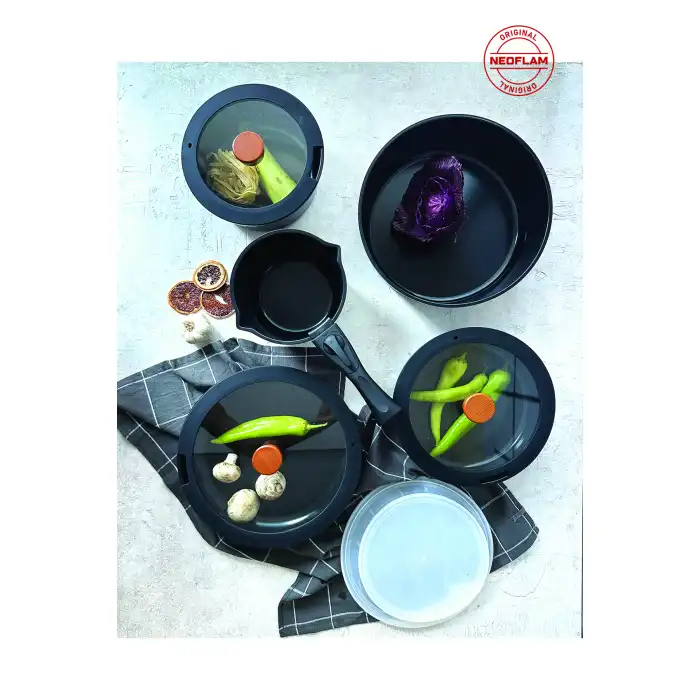 Midas Siyah 11 Parça Ayrılabilen Saplı Iç Içe Geçebilen Indüksiyonlu Tencere Tava Seti