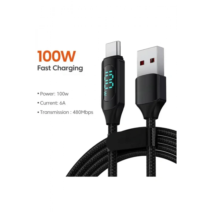100 W USB-Type-C Uyumlu Dijital Ekran Hızlı Şarj Kablosu 1 Metre