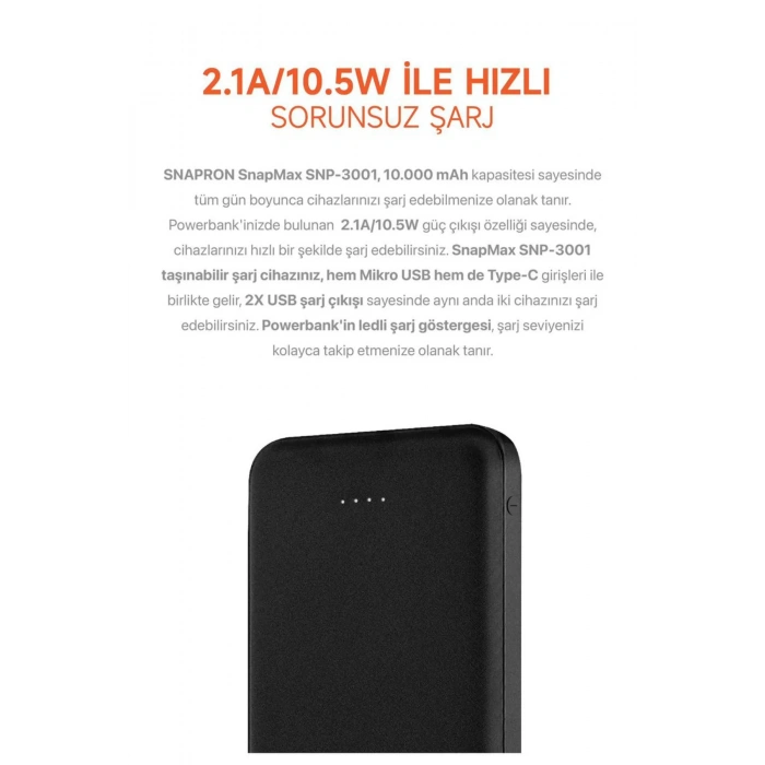 10.000 MAH Powerbank 2x USB Çıkışlı 1 Type-C ve 1 USB Girişli