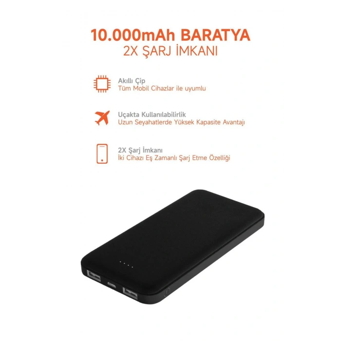 10.000 MAH Powerbank 2x USB Çıkışlı 1 Type-C ve 1 USB Girişli