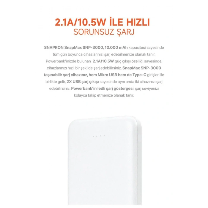 10.000 MAH Powerbank 2x USB Çıkışlı 1 Type-C ve 1 USB Girişli