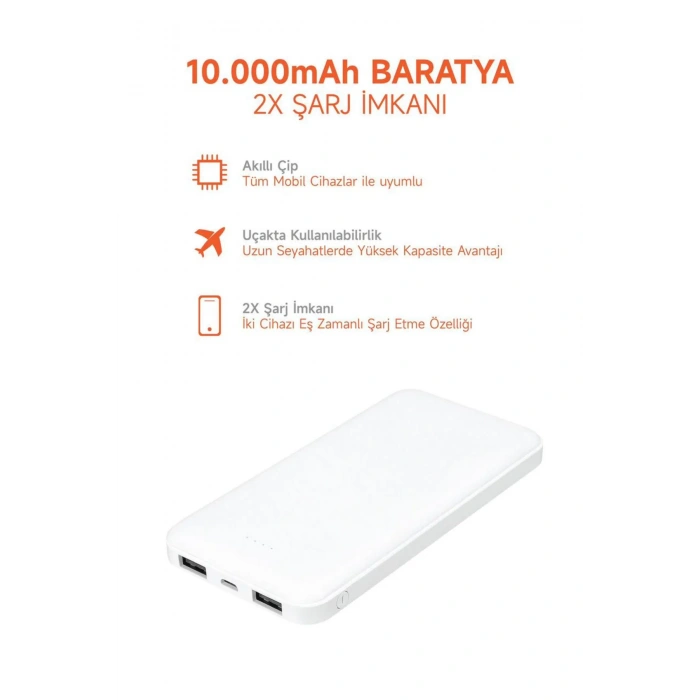 10.000 MAH Powerbank 2x USB Çıkışlı 1 Type-C ve 1 USB Girişli