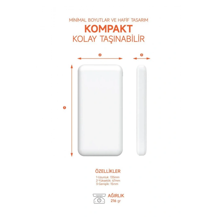 10.000 MAH Powerbank 2x USB Çıkışlı 1 Type-C ve 1 USB Girişli