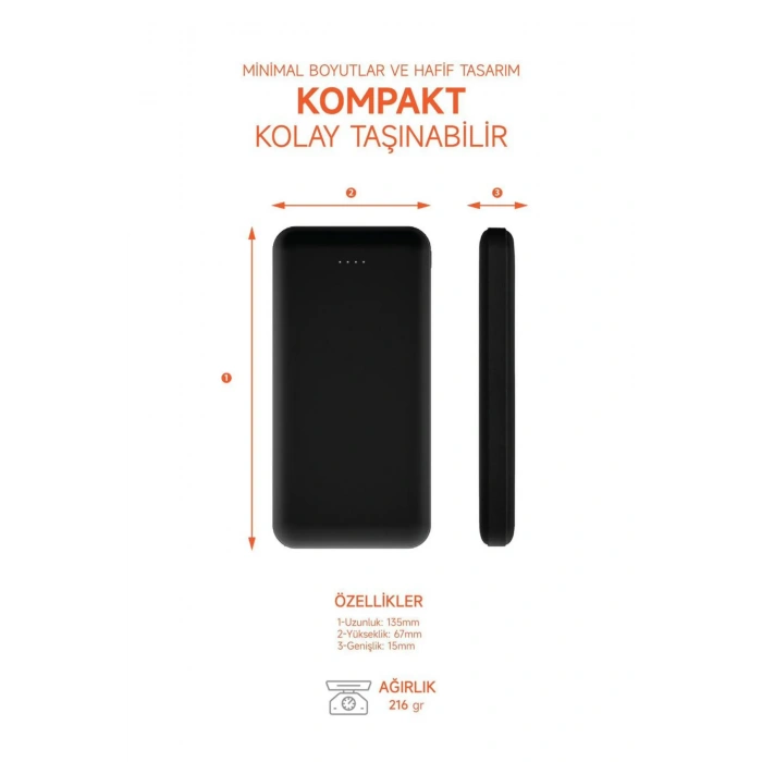 10.000 MAH Powerbank 2x USB Çıkışlı 1 Type-C ve 1 USB Girişli
