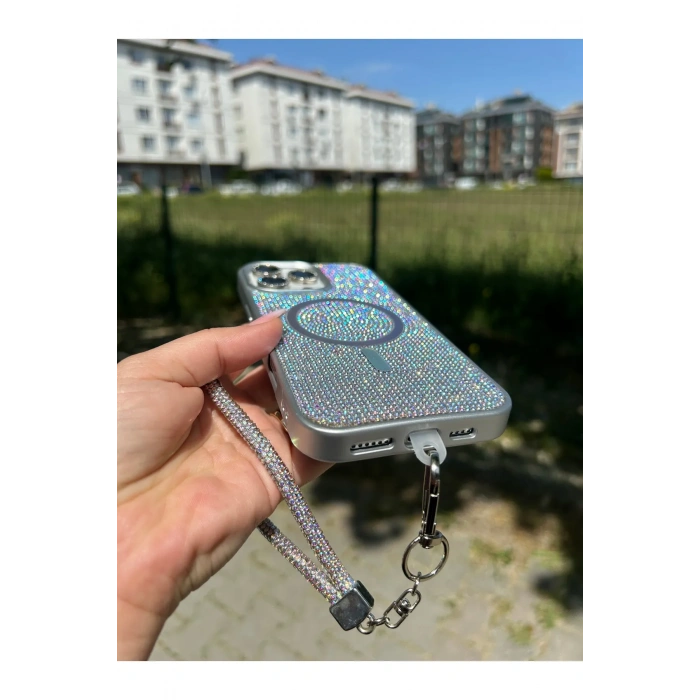 Apple Iphone Uyumlu Magsafe Özellikli Lüks Taşlı Glamour Set Kapak