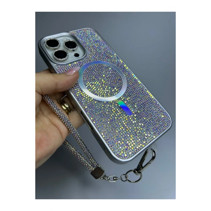 Apple Iphone Uyumlu Magsafe Özellikli Lüks Taşlı Glamour Set Kapak