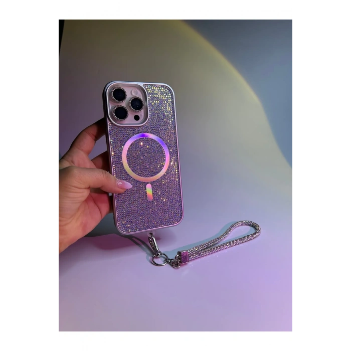 Apple Iphone Uyumlu Magsafe Özellikli Lüks Taşlı Glamour Set Kapak