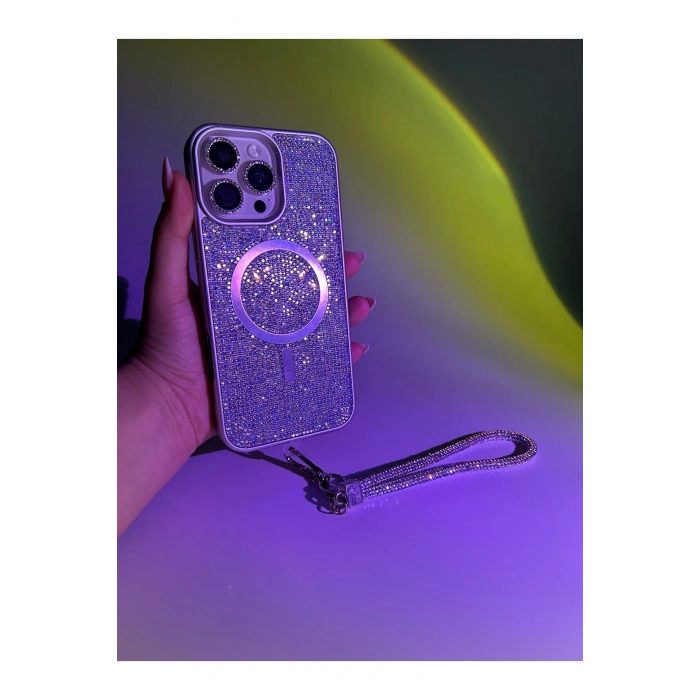 Apple Iphone Uyumlu Magsafe Özellikli Lüks Taşlı Glamour Set Kapak
