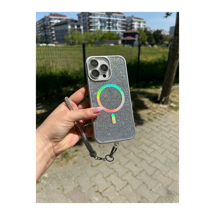 Apple Iphone Uyumlu Magsafe Özellikli Lüks Taşlı Glamour Set Kapak