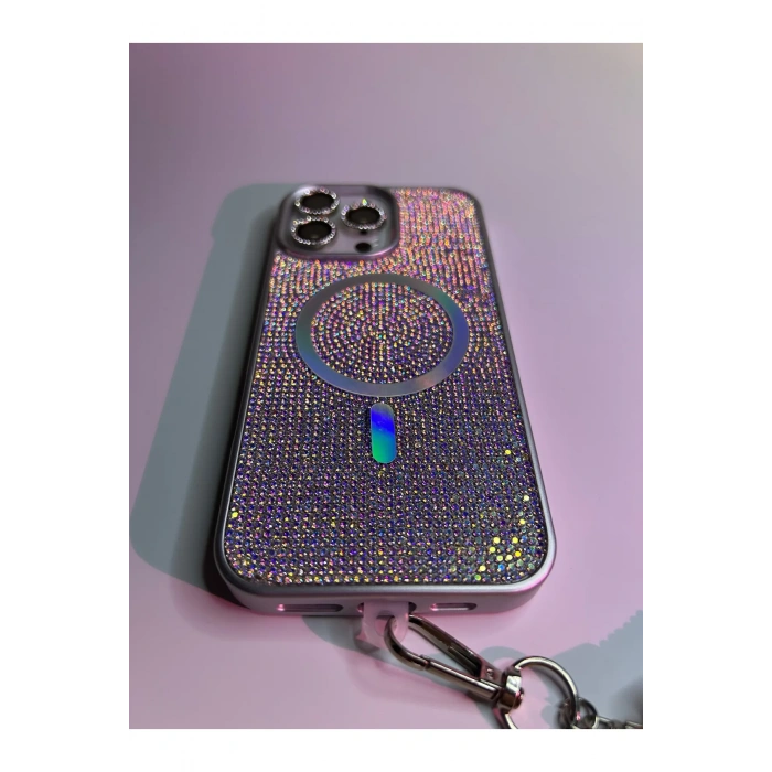 Apple Iphone Uyumlu Magsafe Özellikli Lüks Taşlı Glamour Set Kapak