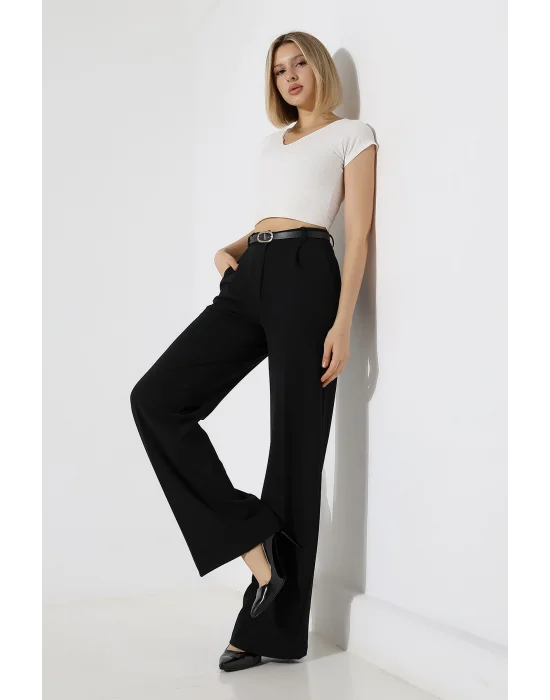 Kadın Deri Kemerli Pliseli Bol Paça Palazzo Pantolon