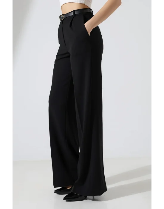 Kadın Deri Kemerli Pliseli Bol Paça Palazzo Pantolon