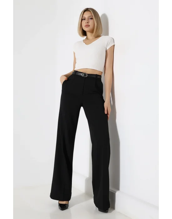 Kadın Deri Kemerli Pliseli Bol Paça Palazzo Pantolon