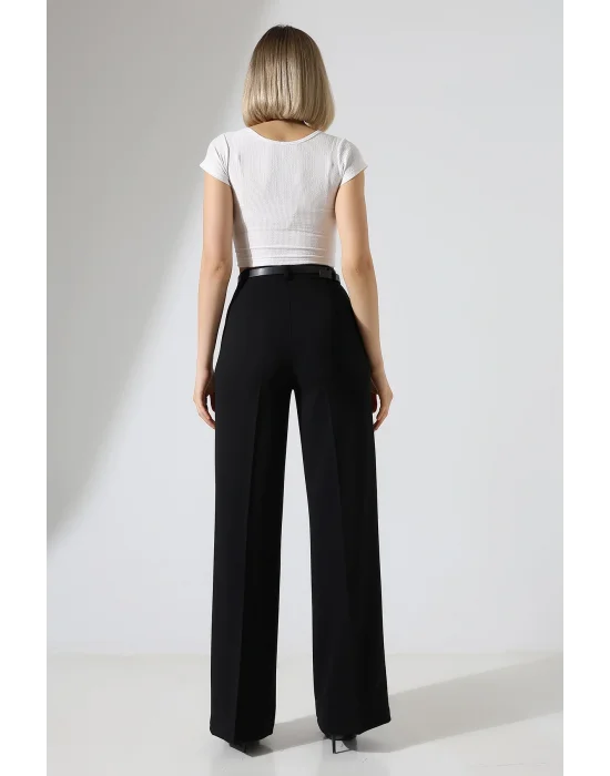 Kadın Deri Kemerli Pliseli Bol Paça Palazzo Pantolon