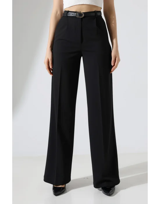 Kadın Deri Kemerli Pliseli Bol Paça Palazzo Pantolon