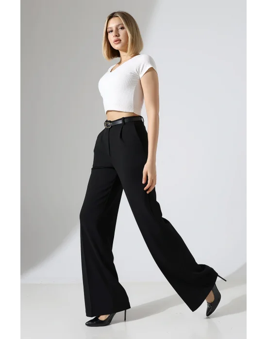 Kadın Deri Kemerli Pliseli Bol Paça Palazzo Pantolon