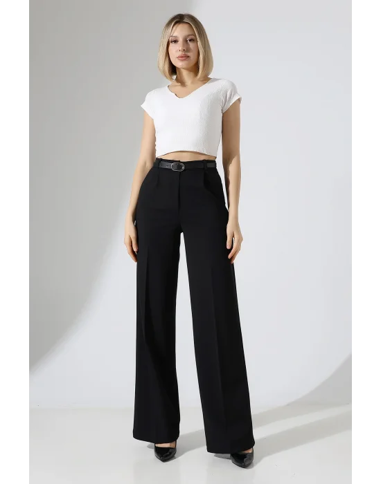 Kadın Deri Kemerli Pliseli Bol Paça Palazzo Pantolon
