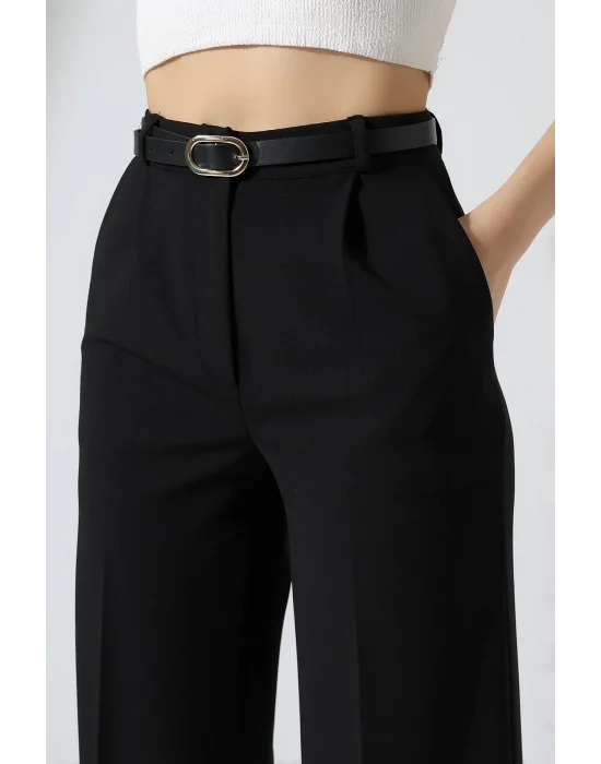 Kadın Deri Kemerli Pliseli Bol Paça Palazzo Pantolon