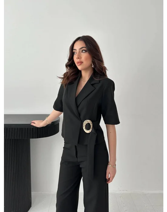 Kadın Toka Detaylı Siyah Ceket Pantolon Takım