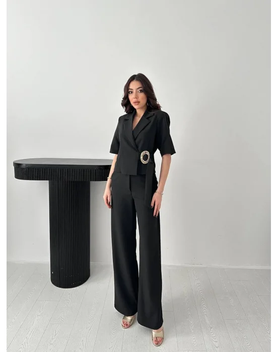 Kadın Toka Detaylı Siyah Ceket Pantolon Takım